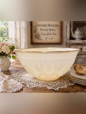 Vintage Anchor Hocking Ivory Embossed Glass Punch Bowl with Gold Rim 5”X 10”